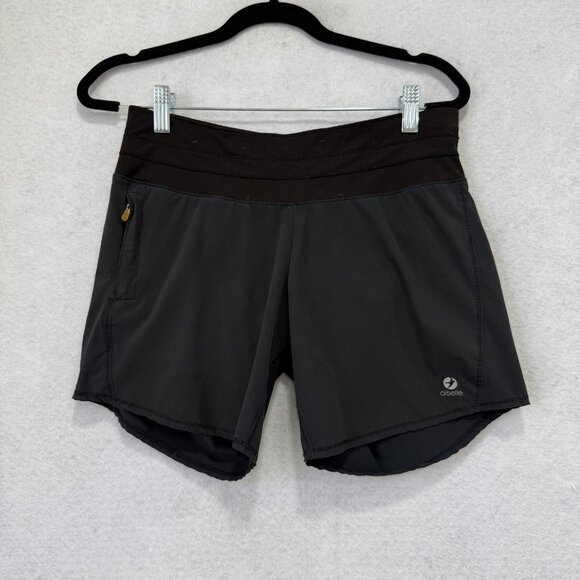 Oiselle Shorts Womens 2 Black Gray Lined Running Zip Pocket Athletic Wide Waist - Picture 1 of 11